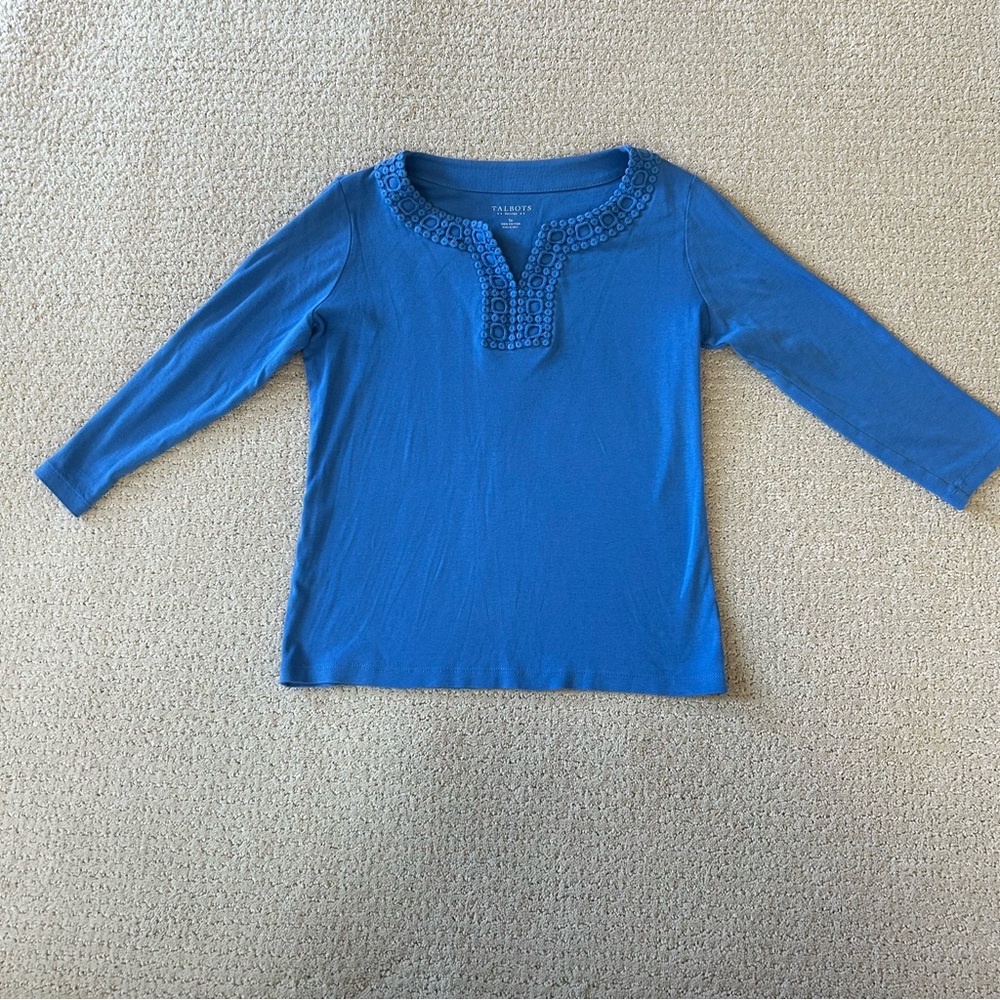 SP Talbots  3/4 sleeve shirt in a solid blue color‎ with embellished neckline.